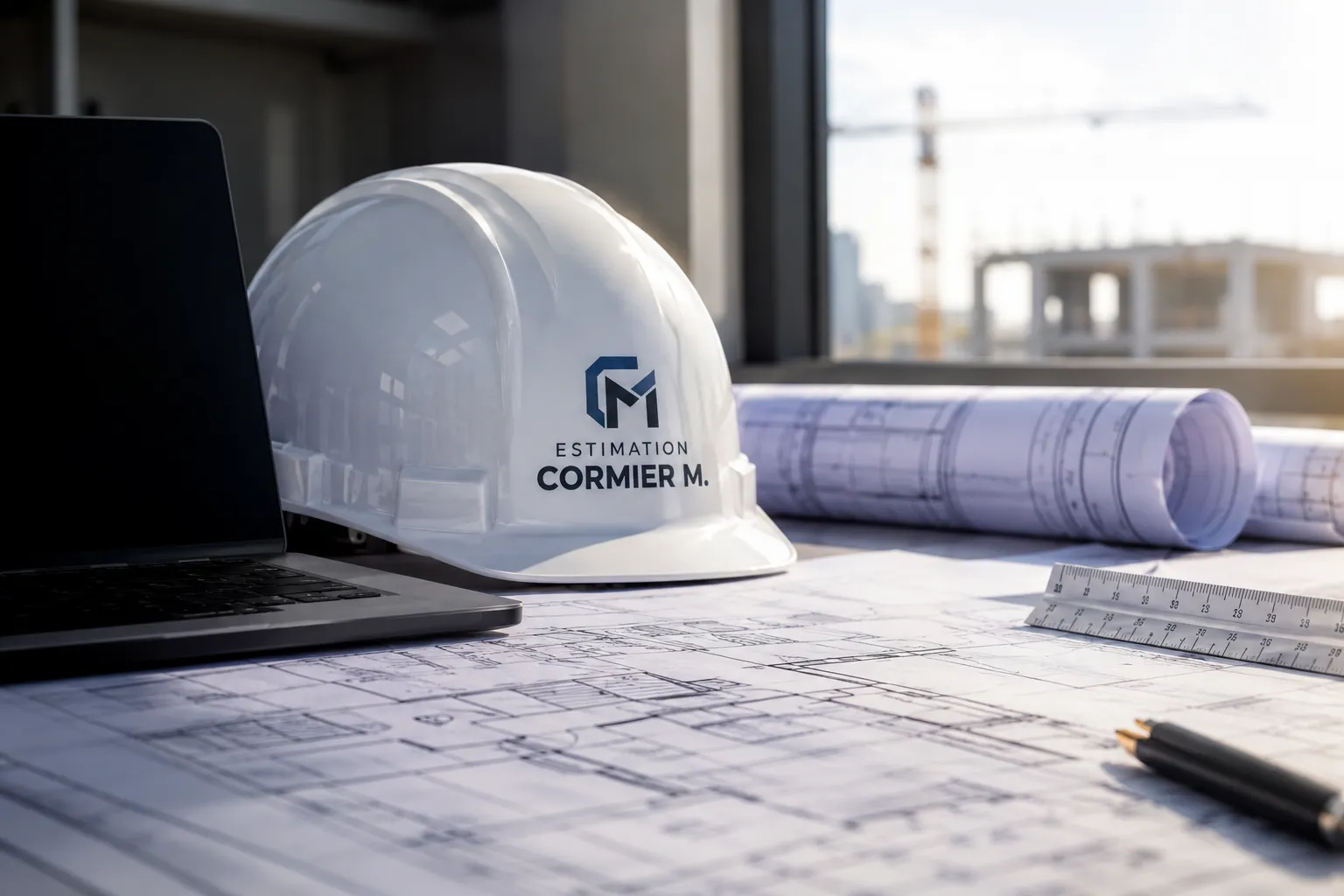 Casque de chantier Estimation Cormier M. posé sur des plans de construction